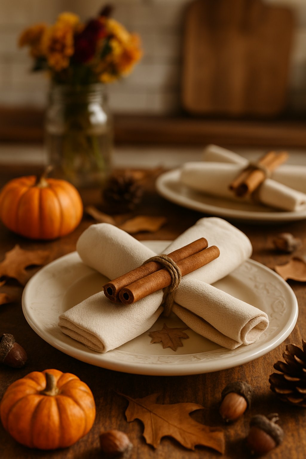 A fall kitchen table setting with napkins tied with cinnamon sticks, surrounded by small pumpkins, dried leaves, and pinecones on a wooden table.