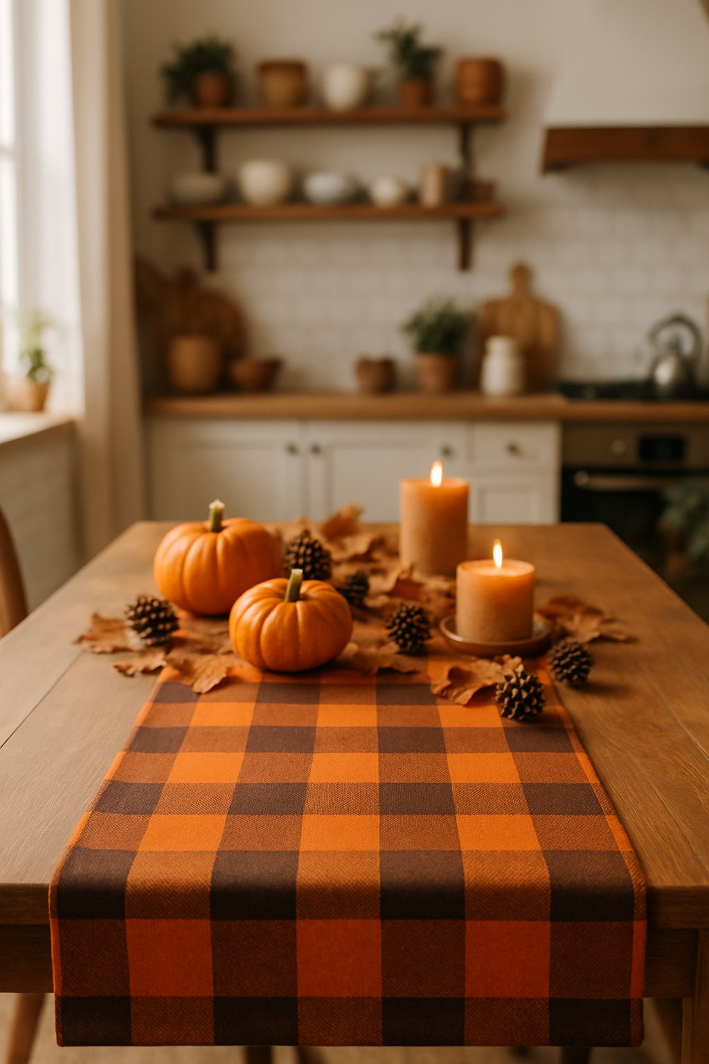 A wooden dining table with an orange and brown checkered table runner decorated with pumpkins, pinecones, dried leaves, and candles in a kitchen.