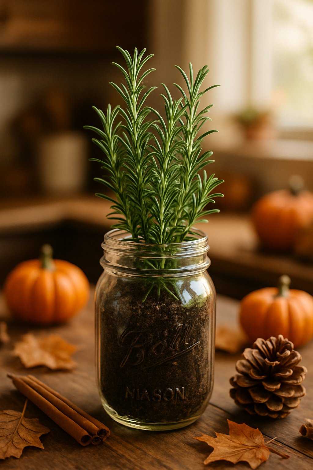 Mason jar filled with rosemary plants on a kitchen countertop surrounded by fall decorations like pumpkins and pine cones.