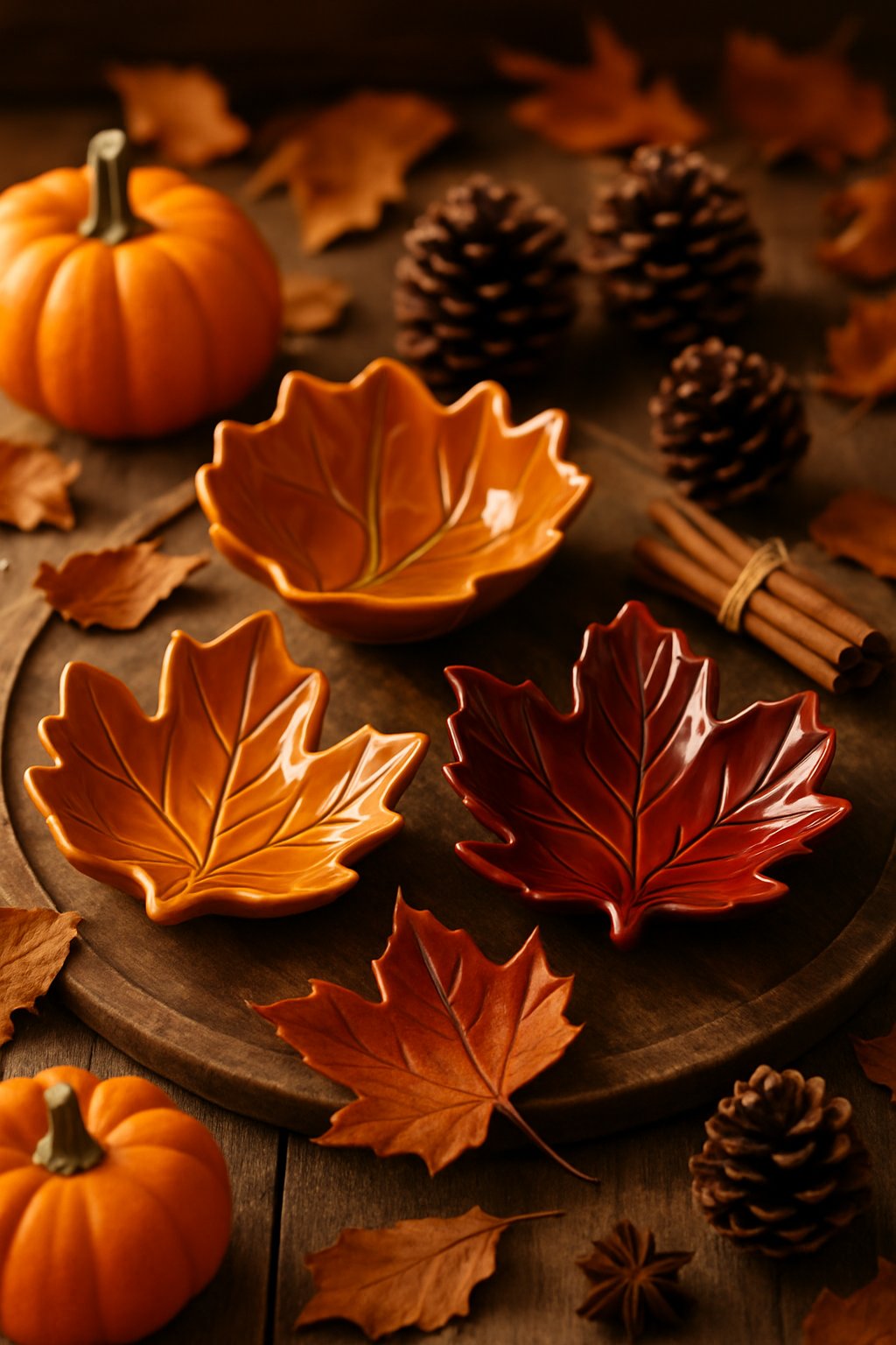 Ceramic leaf-shaped serving dishes arranged on a wooden table with fall kitchen decorations including pumpkins and dried leaves.