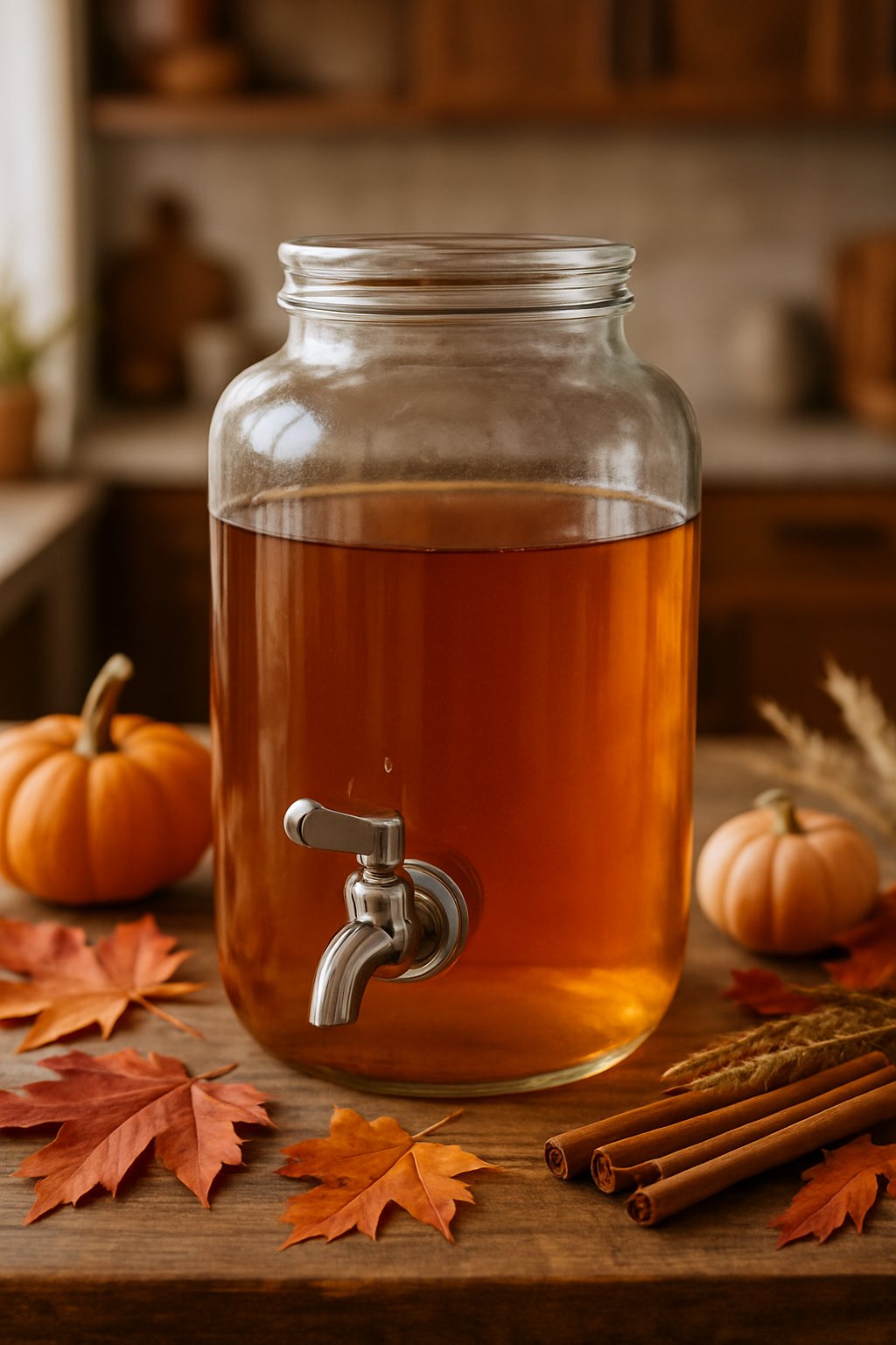 Glass dispenser filled with apple cider vinegar on a wooden kitchen counter surrounded by fall decorations like pumpkins and autumn leaves.
