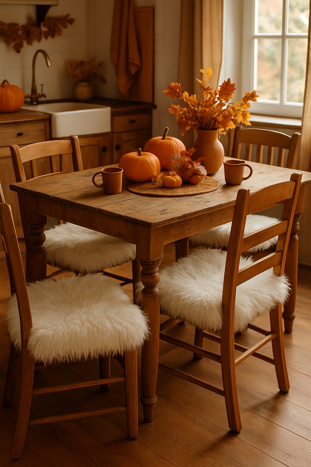 Wooden kitchen chairs with fluffy faux fur seat cushions around a table decorated with autumn-themed items.