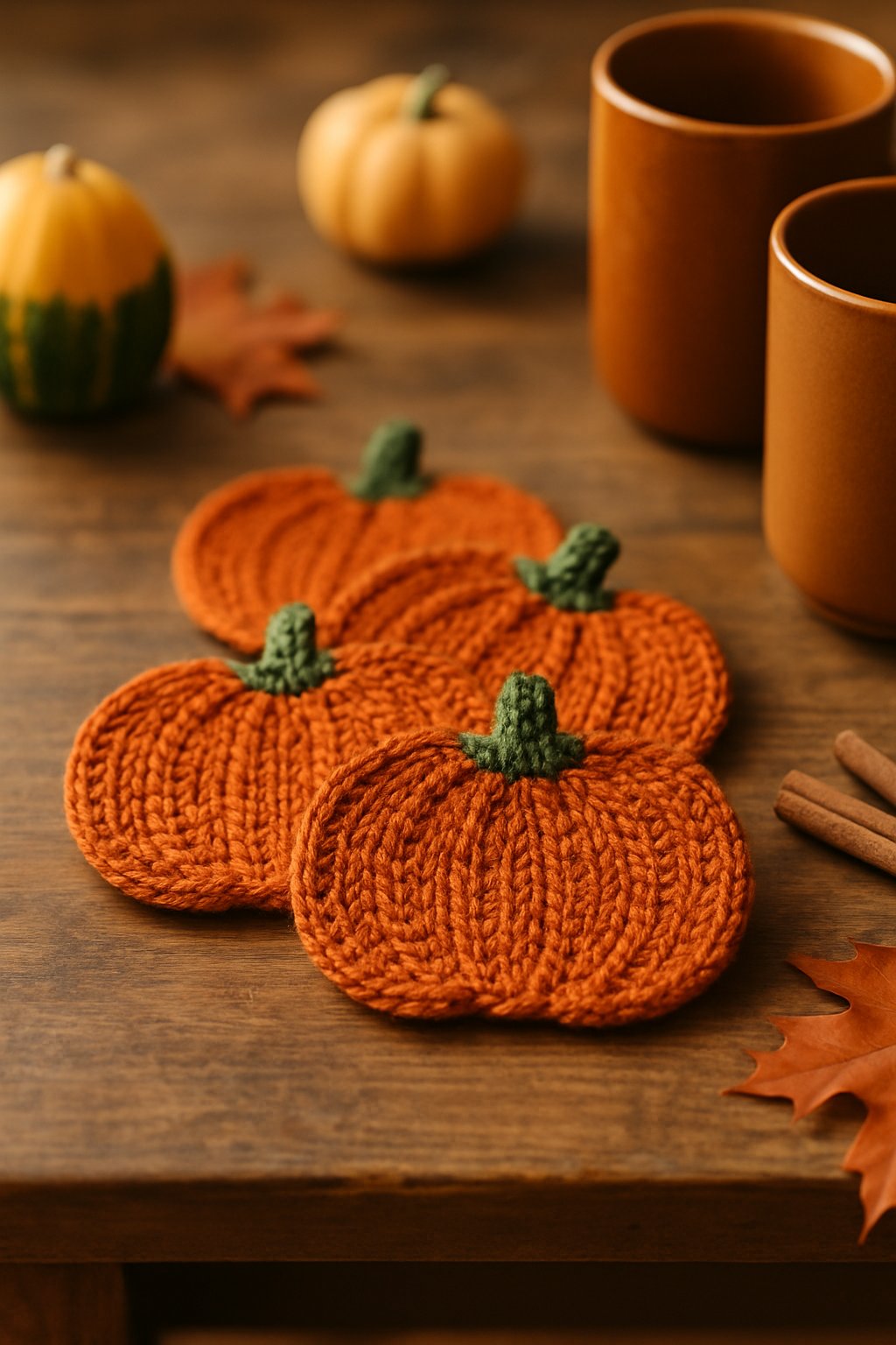 Knitted pumpkin-shaped coasters on a wooden kitchen table surrounded by fall decor like gourds, cinnamon sticks, and autumn leaves.