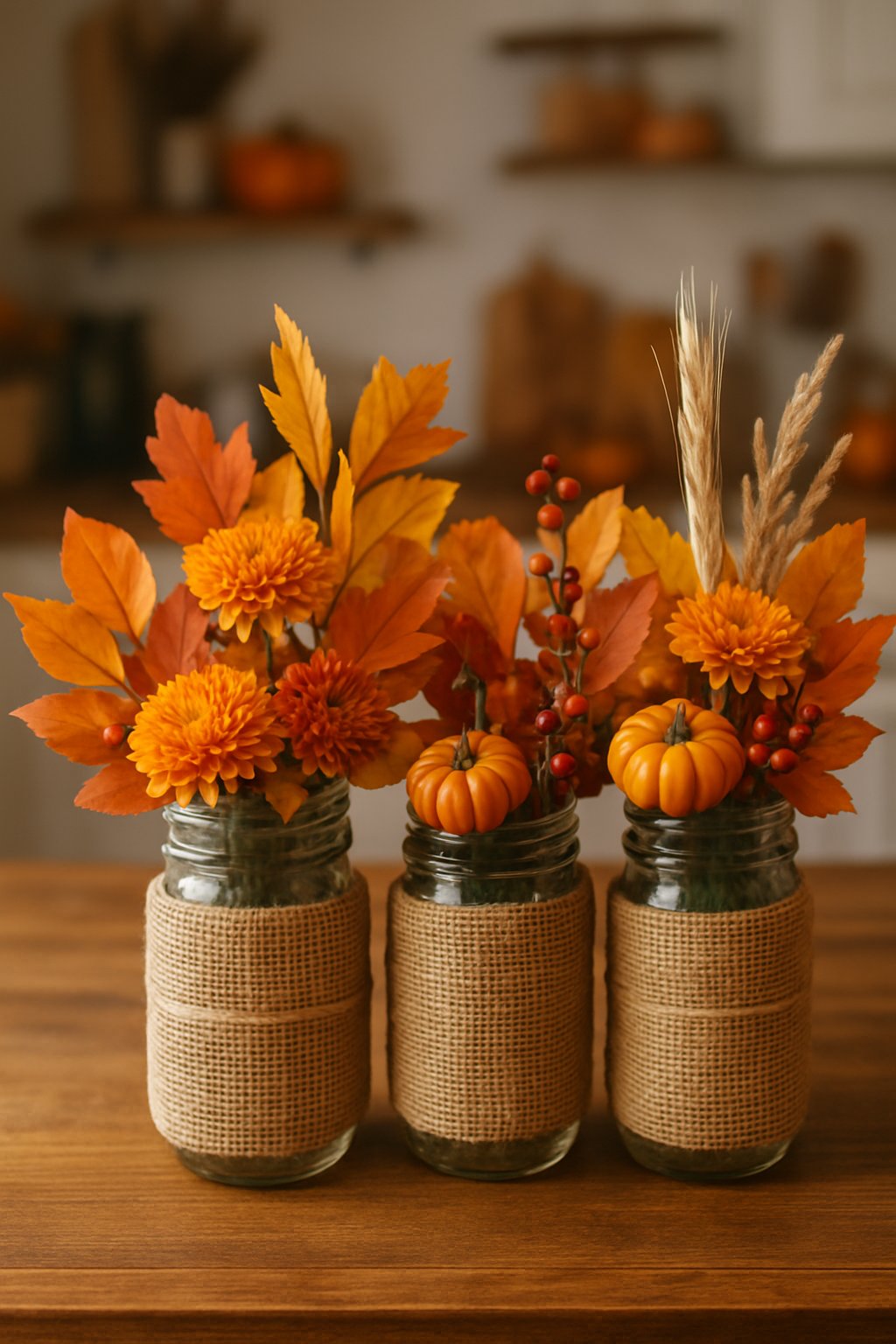 Mason jars wrapped in burlap used as vases holding fall flowers and foliage on a wooden kitchen countertop.