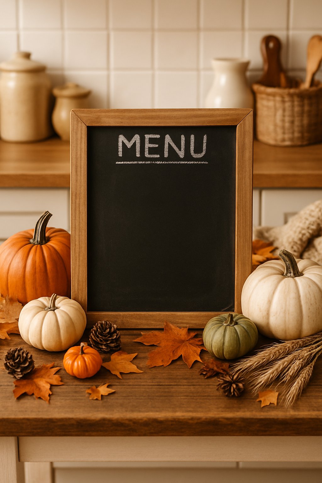 A blank chalkboard menu sign on a wooden countertop surrounded by pumpkins, dried leaves, pine cones, and autumn kitchen decorations.