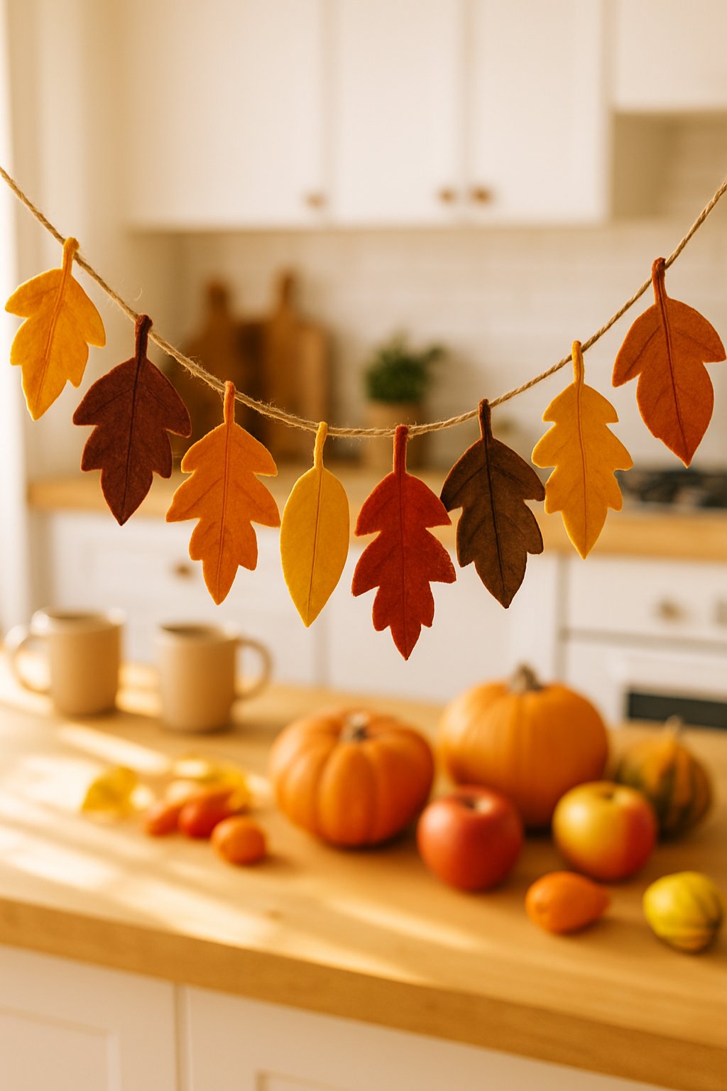 A felt leaf garland with autumn colors hanging in a kitchen decorated for fall.