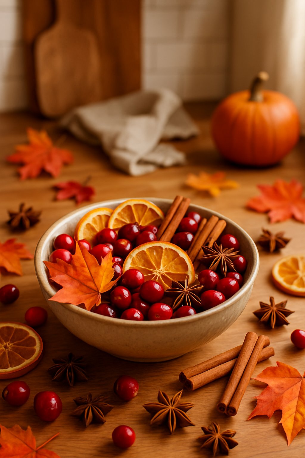 A bowl of cranberry and orange potpourri on a wooden kitchen counter surrounded by autumn leaves, dried orange slices, and cinnamon sticks.
