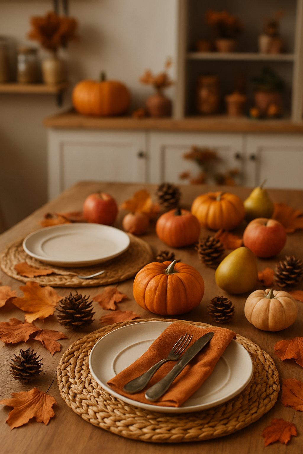 A fall kitchen table set with woven rattan placemats, pumpkins, dried leaves, and autumn fruits arranged for seasonal decor.