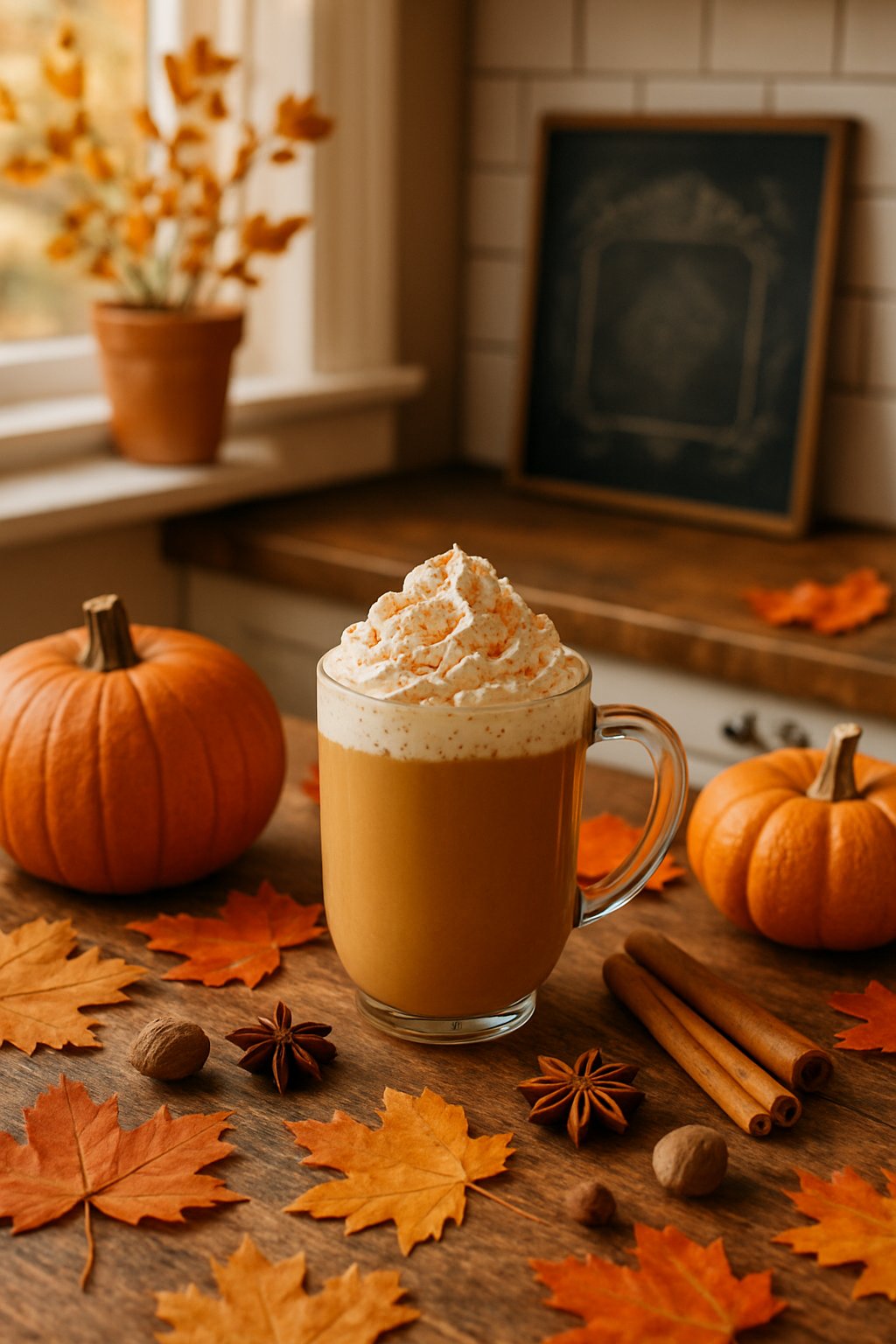 A pumpkin spice latte on a wooden table surrounded by small pumpkins, cinnamon sticks, star anise, nutmeg, and fall leaves in a warm kitchen setting.