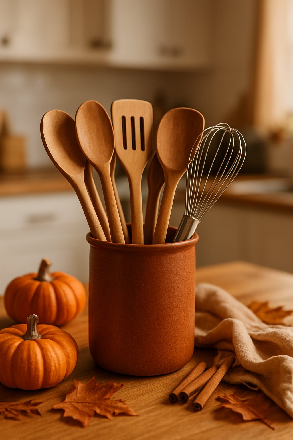 Rust-colored ceramic utensil holder filled with kitchen tools on a wooden countertop surrounded by fall-themed decorations.
