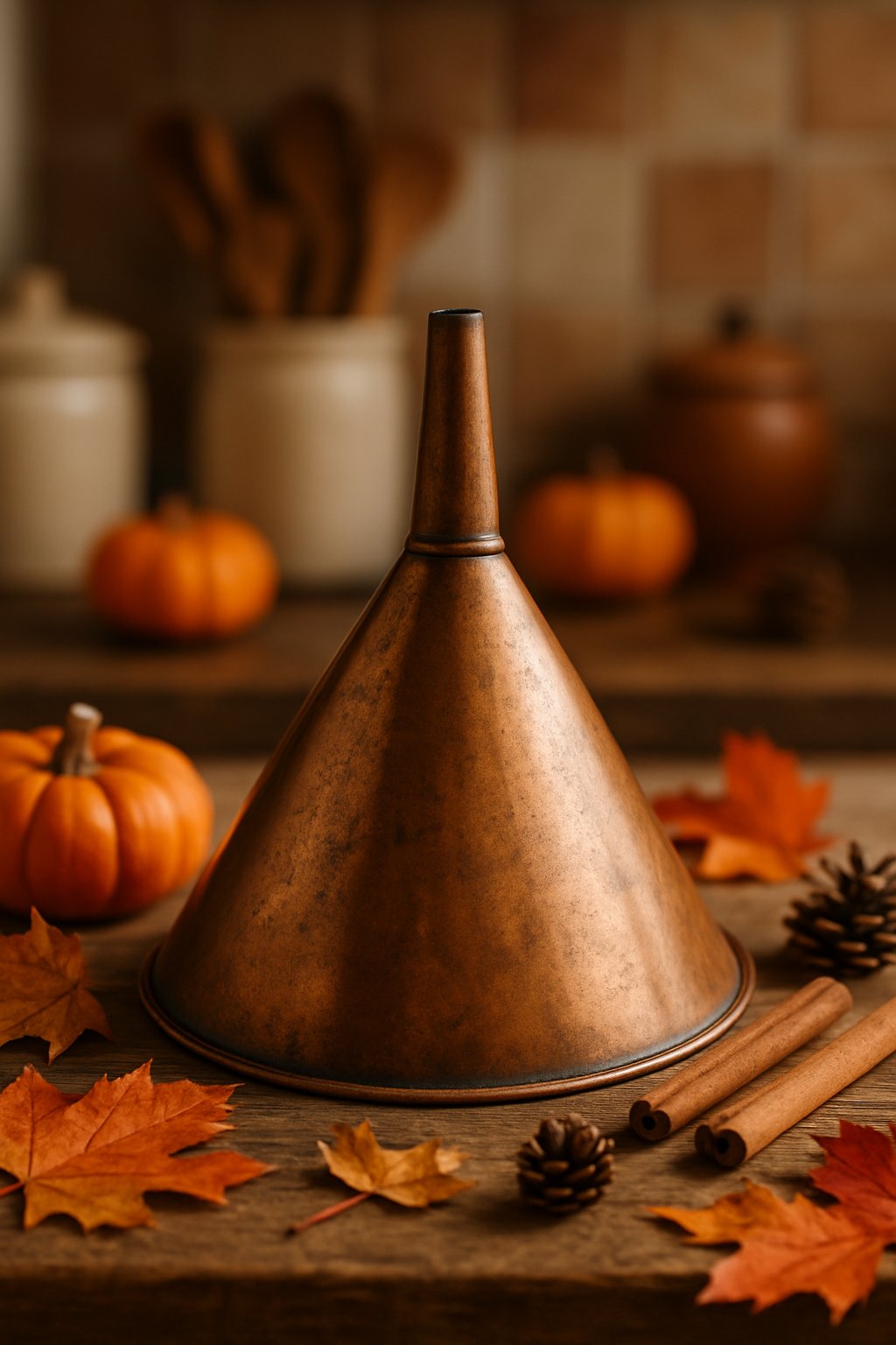 A vintage copper funnel on a wooden surface surrounded by small pumpkins, dried autumn leaves, cinnamon sticks, and pinecones in a kitchen setting.
