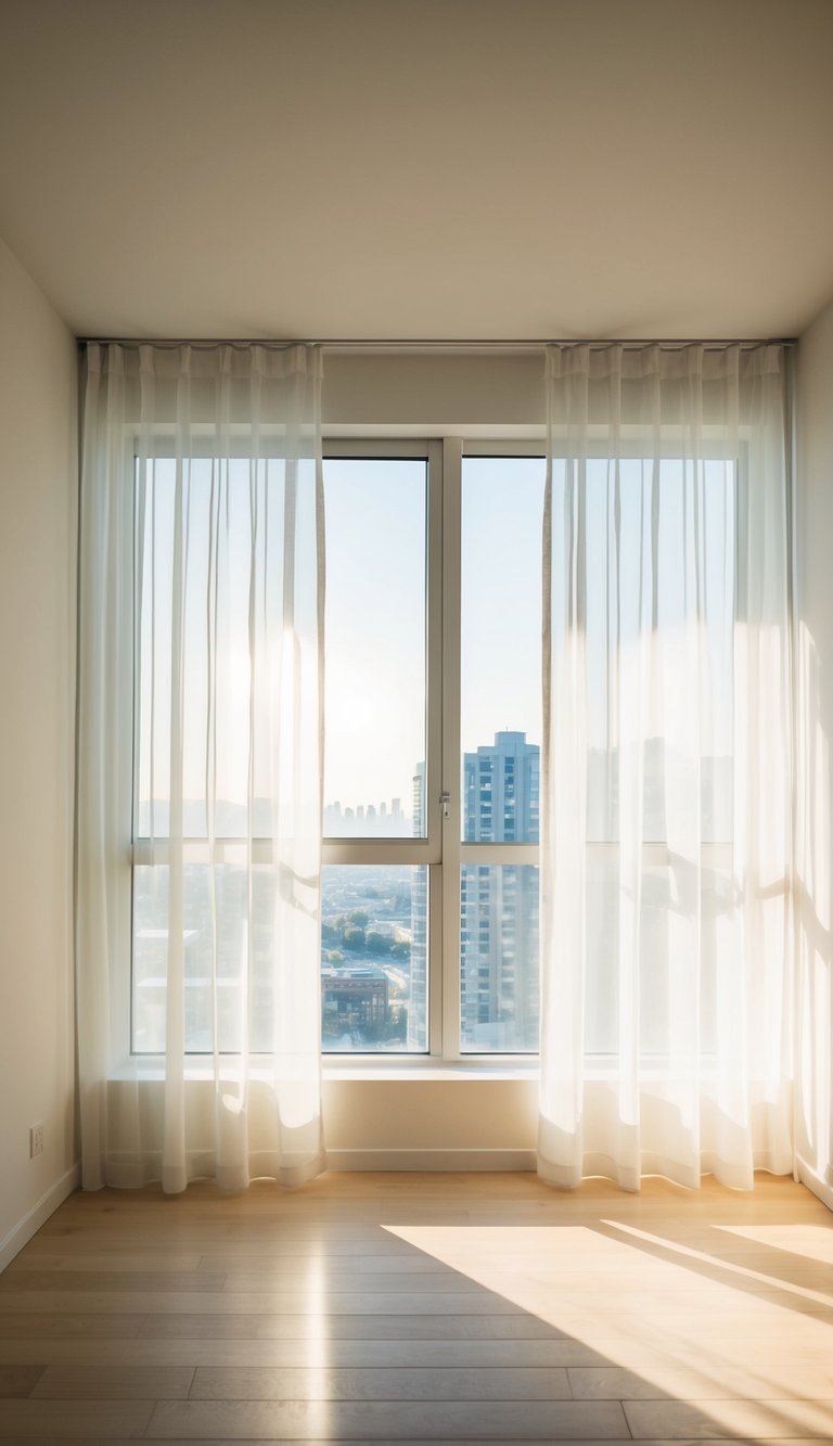 Sunlight streams through sheer curtains into a bright, airy apartment room, casting a soft, warm glow over the space