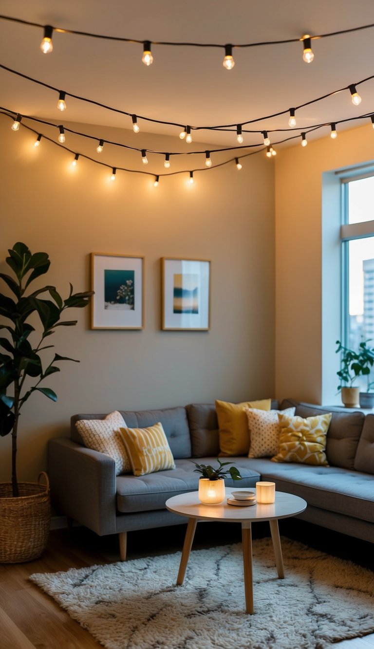 String lights hang from the ceiling, casting a warm glow over a cozy apartment room with comfortable furnishings and inviting decor