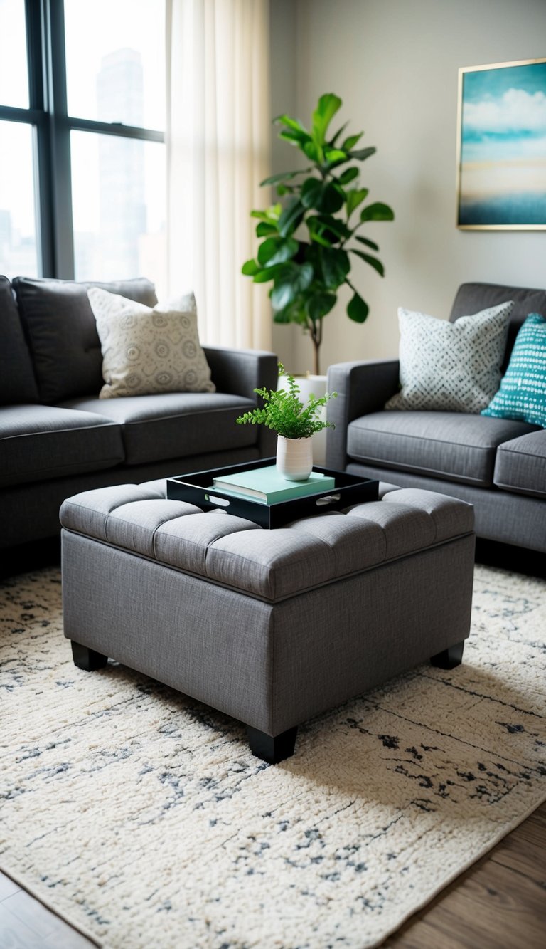 A cozy apartment living room with a storage ottoman doubling as a coffee table and extra seating