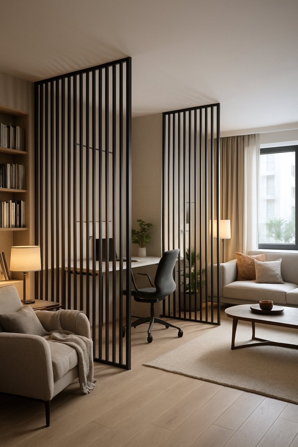 Room dividers create separate zones in a modern apartment: a cozy reading nook, a work-from-home space, and a relaxing lounge area