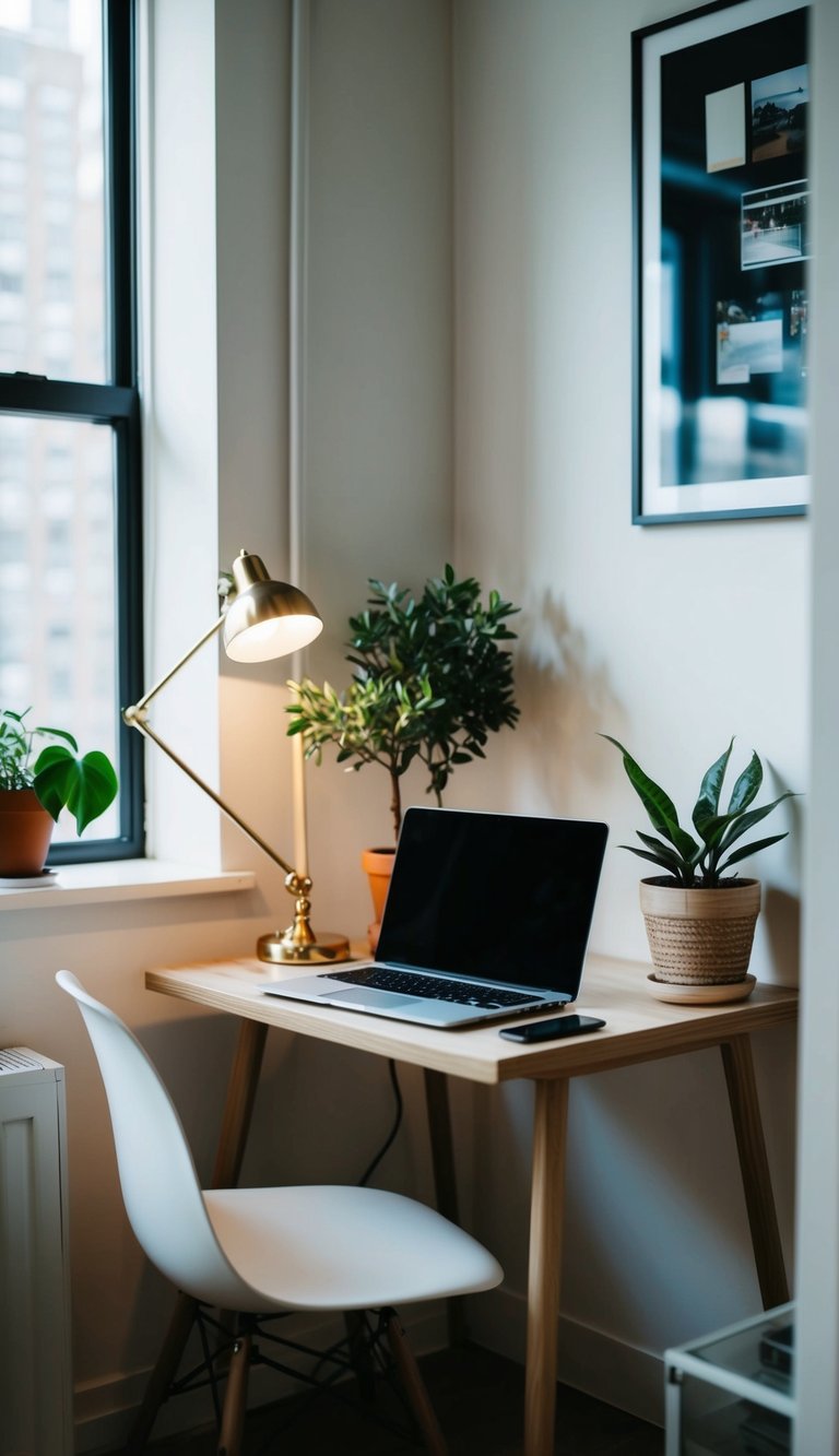 A small desk with a laptop, lamp, and potted plant in a cozy corner of a studio apartment