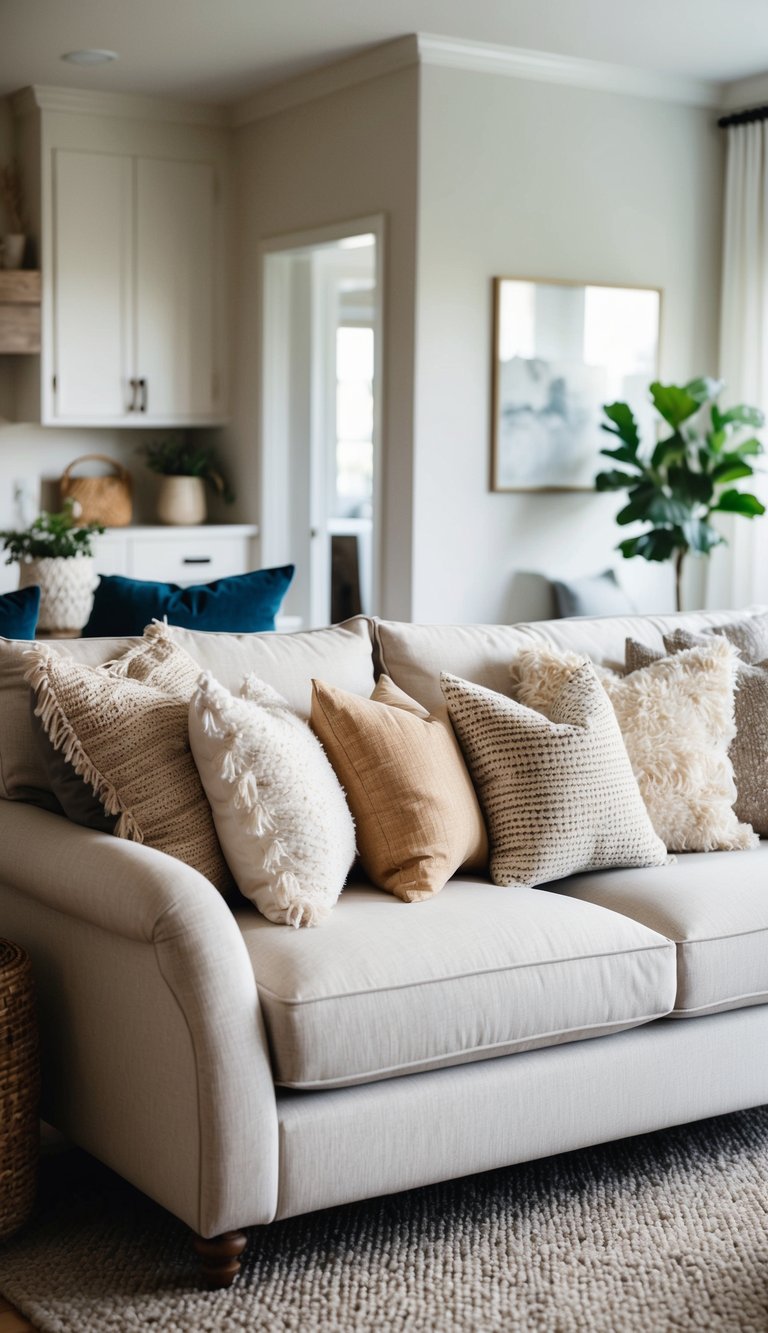 A cozy living room with a neutral-colored sofa adorned with a variety of throw pillows in different sizes, textures, and patterns