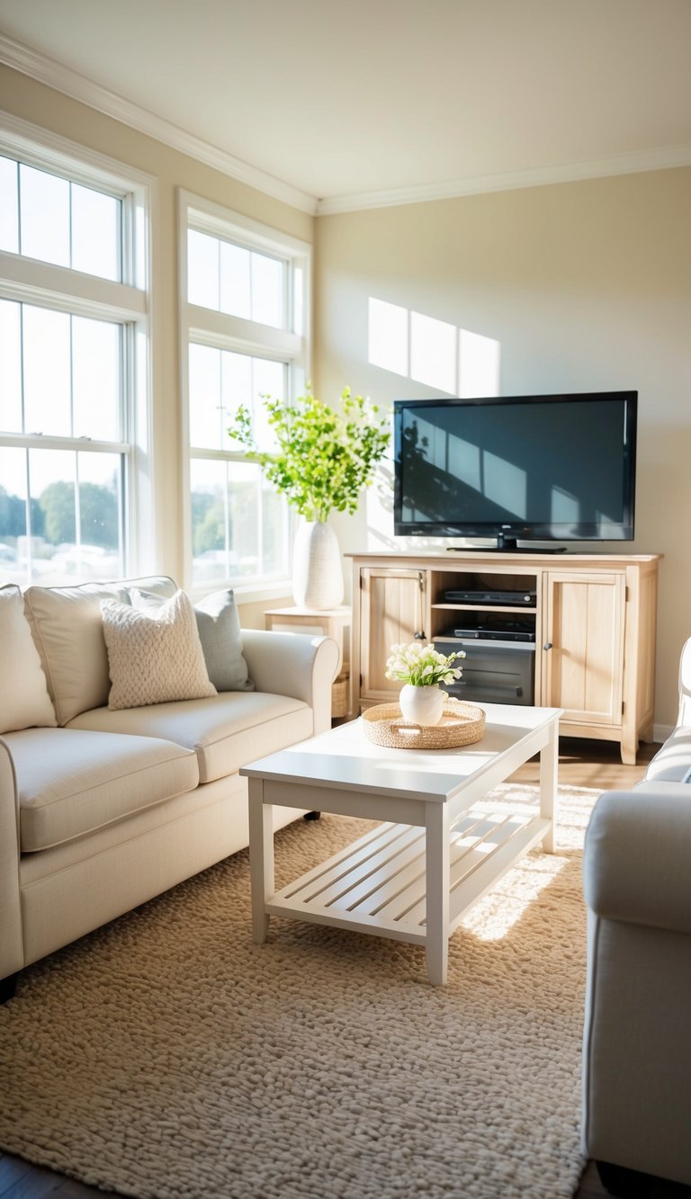 A cozy living room with light-colored furniture, including a soft cream-colored sofa, a white coffee table, and a pale wood entertainment center. Sunlight streams in through the large windows, illuminating the space