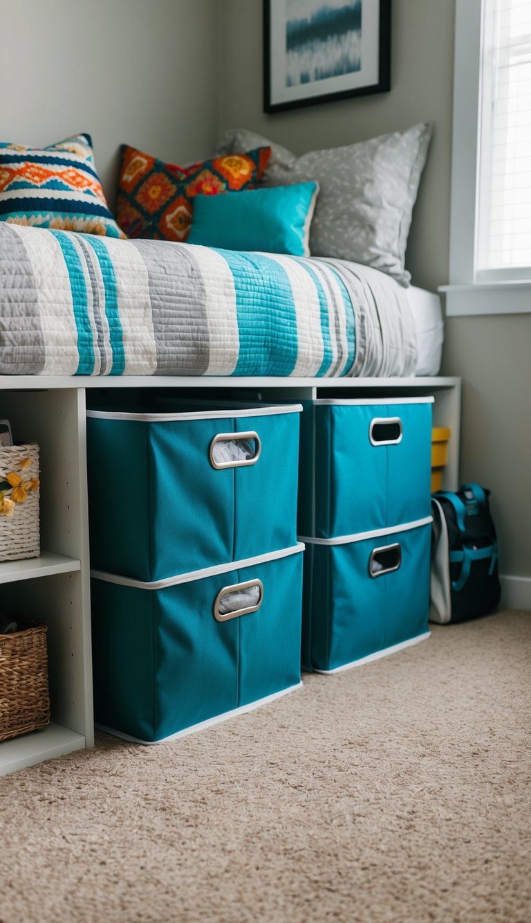 Under-bed storage bins neatly organized with various items in a small apartment room