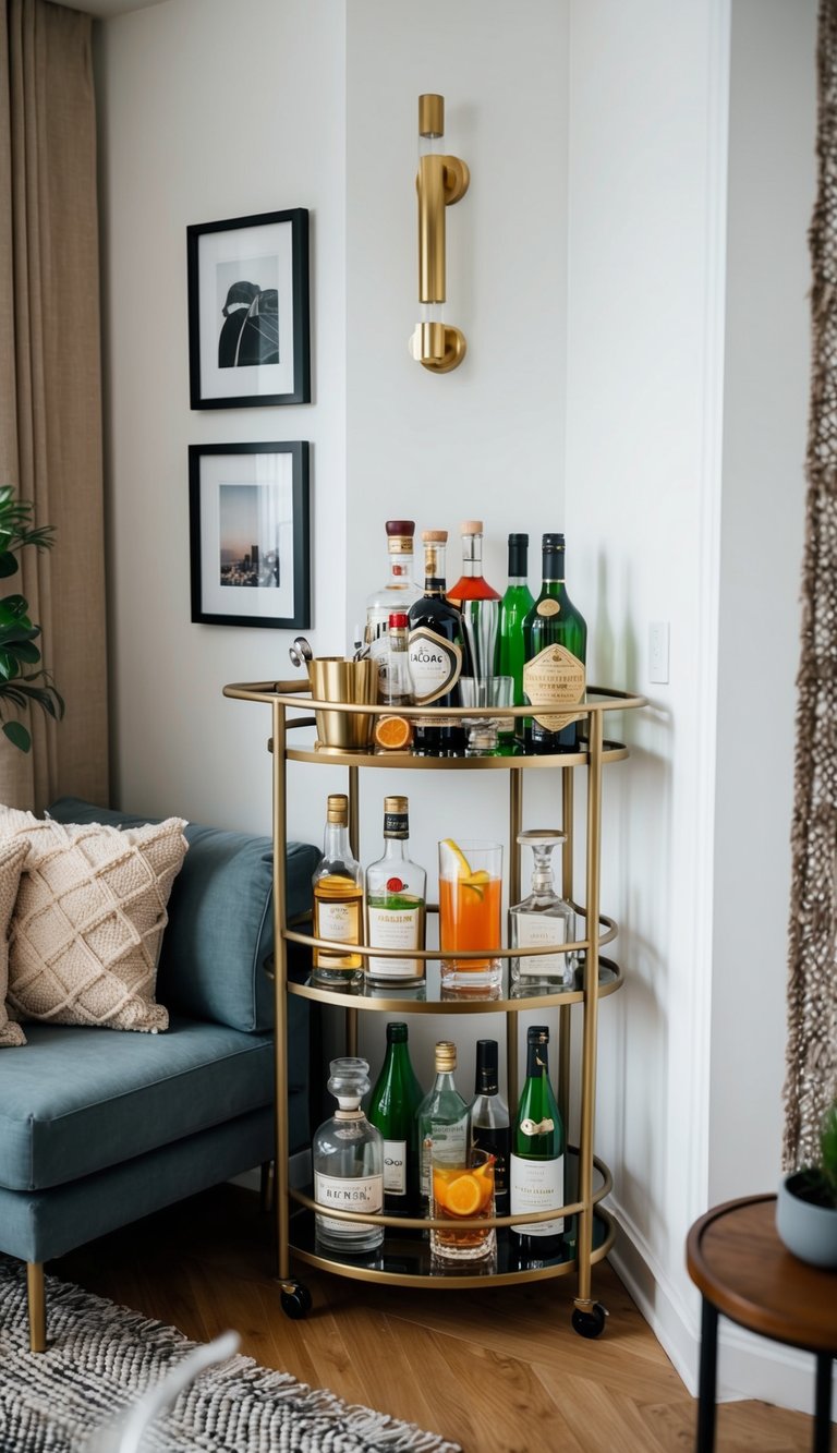 A corner bar cart with various drink bottles, glassware, and cocktail tools, surrounded by cozy seating and decorative elements in a stylish apartment setting