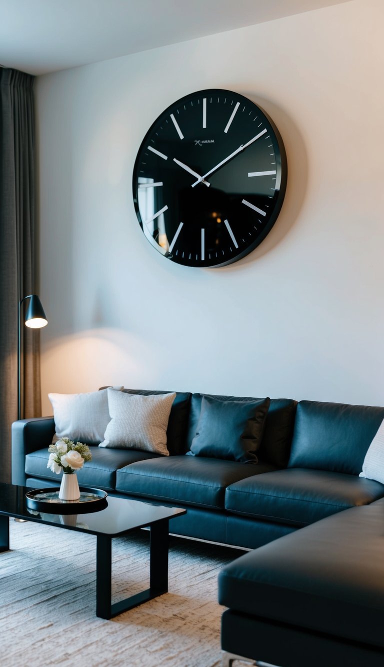 A modern living room with a large, stylish clock hanging on the wall above a sleek couch and coffee table