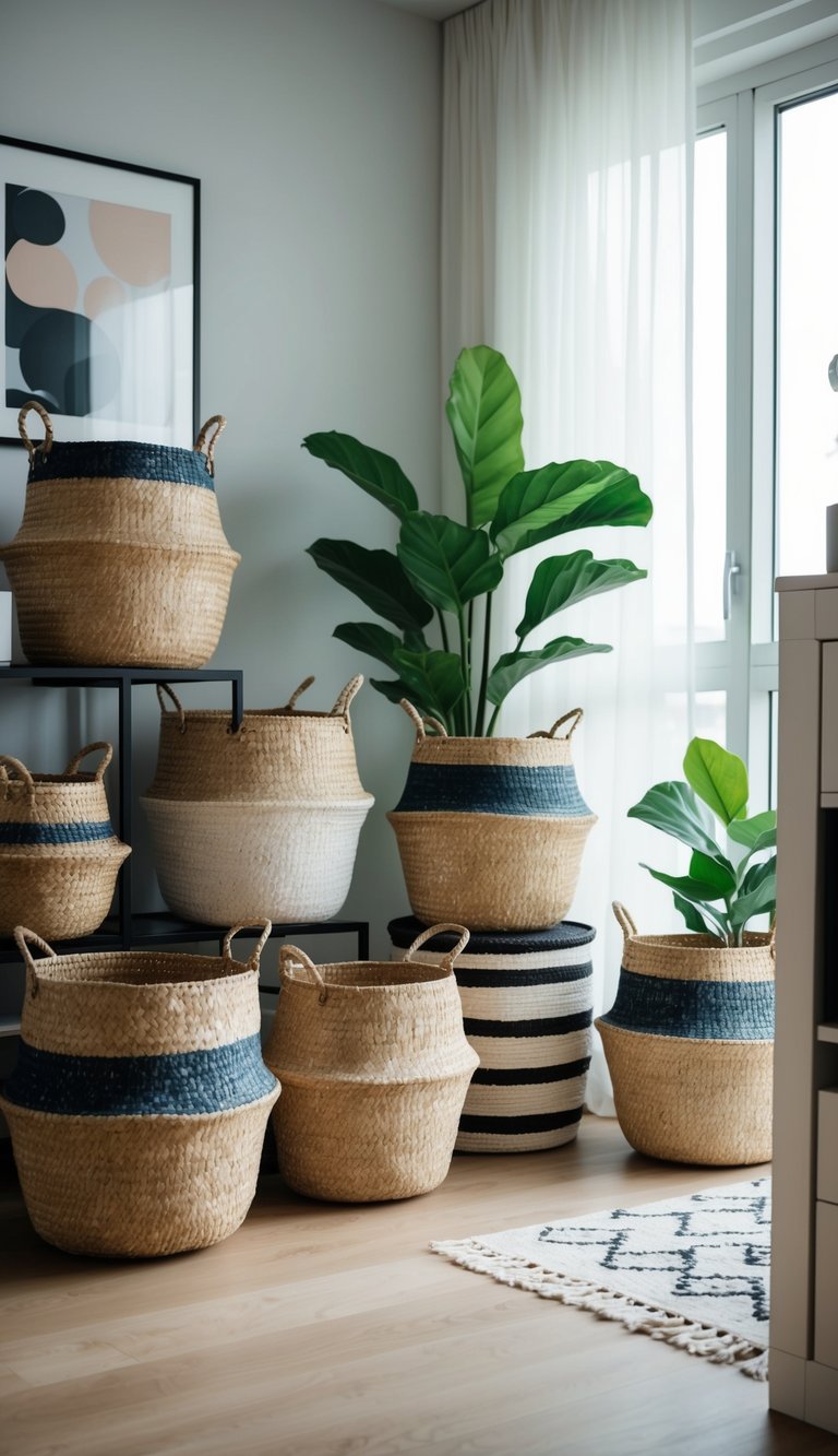 Baskets of various sizes and shapes are strategically placed around the apartment, serving as stylish clutter control solutions