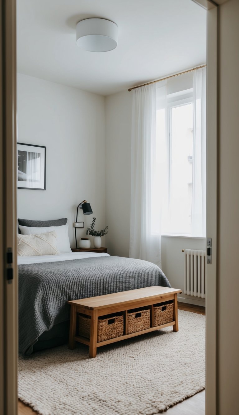 A cozy apartment bedroom with a bed against the wall and a wooden bench with storage at the foot of the bed