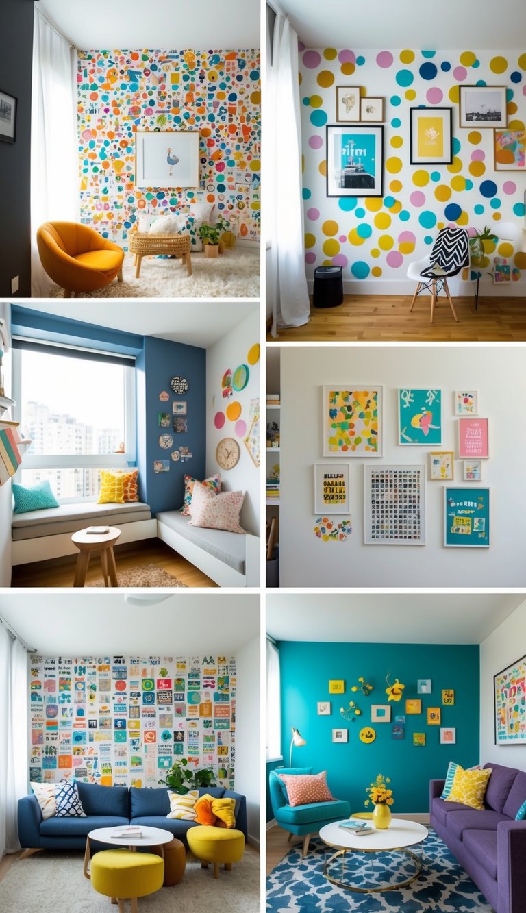 Colorful decals cover the walls of a modern apartment, featuring various designs and patterns. A cozy reading nook, a vibrant gallery wall, and a playful accent wall showcase the versatility of removable decals for easy customization