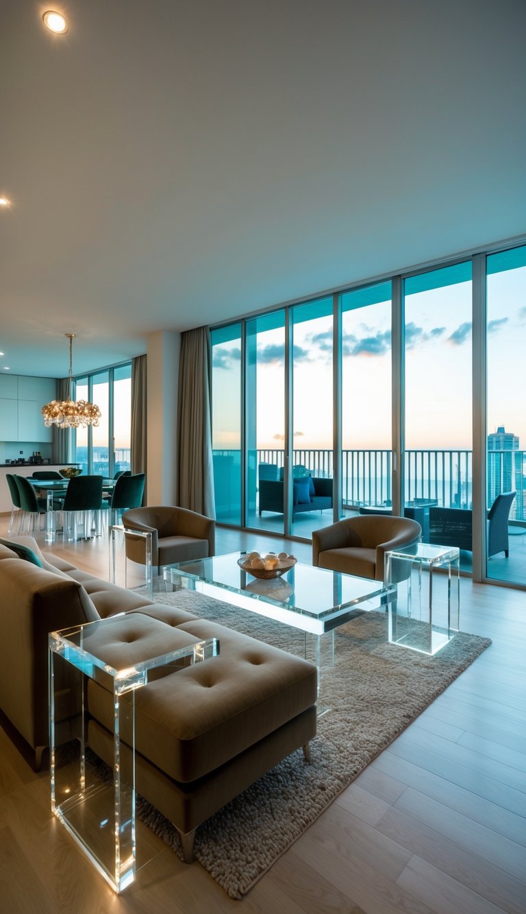 A spacious apartment with clear acrylic furniture, creating an open and modern feel