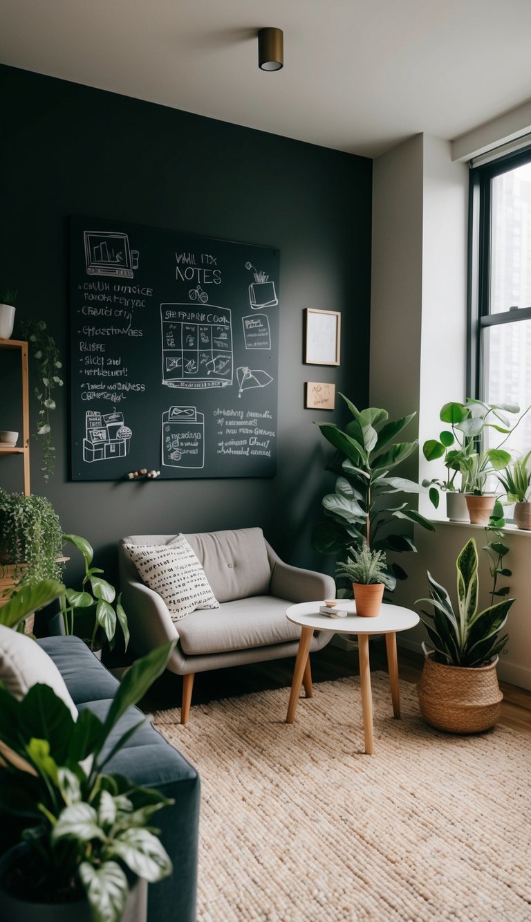 A cozy apartment room with a chalkboard wall for notes and doodles, surrounded by plants and cozy seating