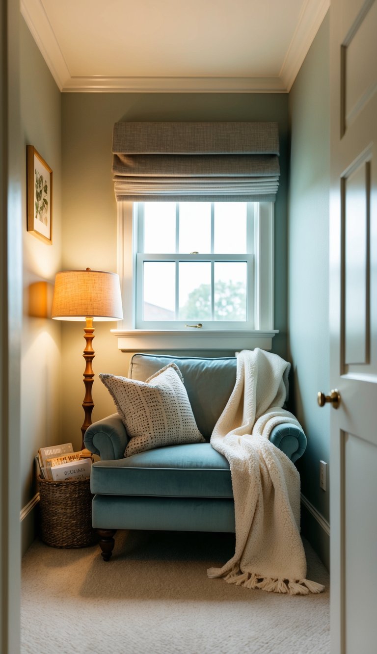 A cozy reading nook with a plush armchair nestled in the corner of a master bedroom, surrounded by soft blankets and a warm lamp