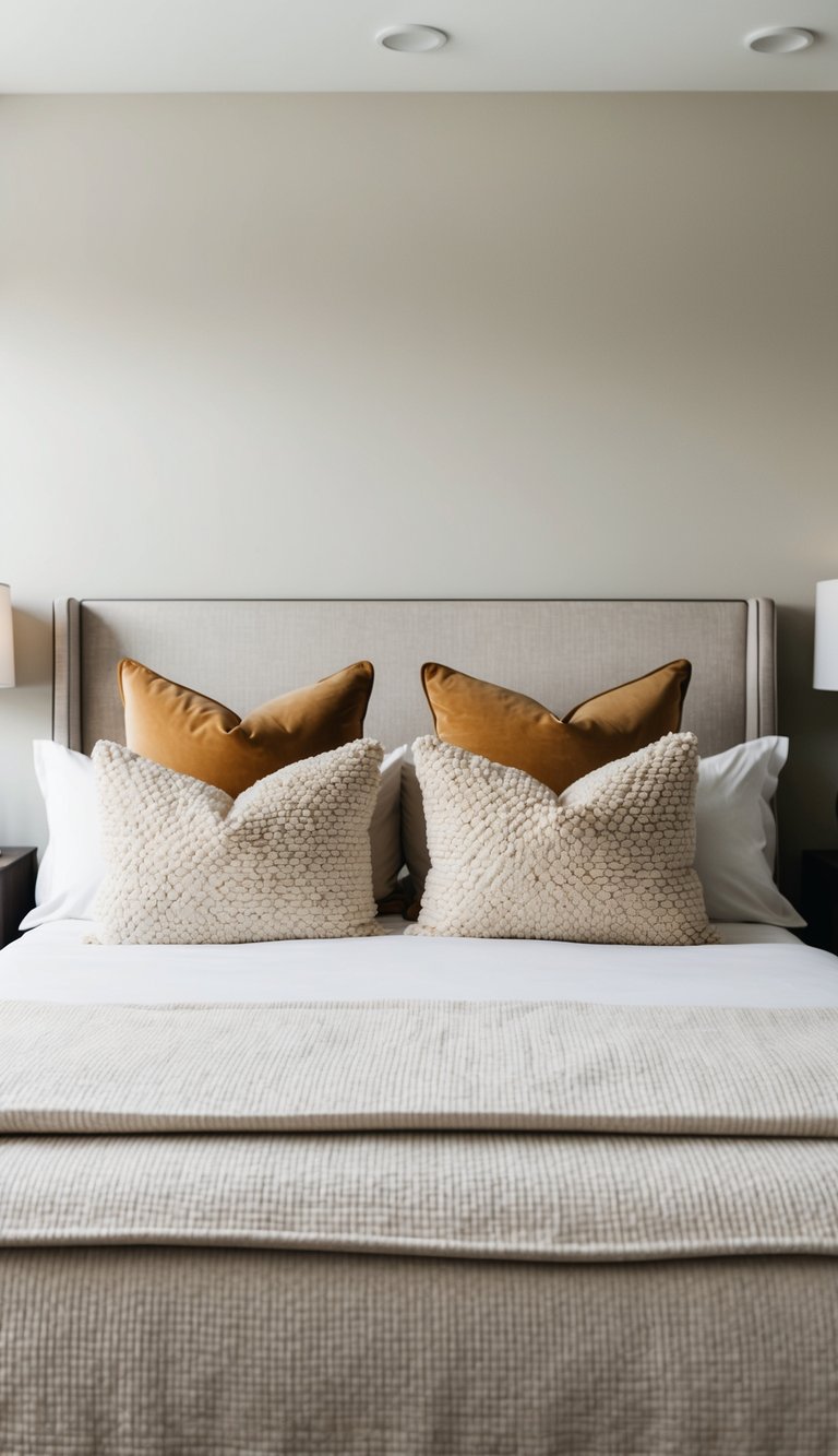 Soft, neutral bedding with textured pillows in a spacious, well-lit master bedroom