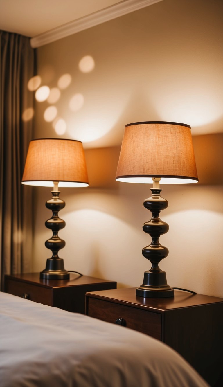 Two dimmable bedside lamps casting a warm glow in a cozy master bedroom