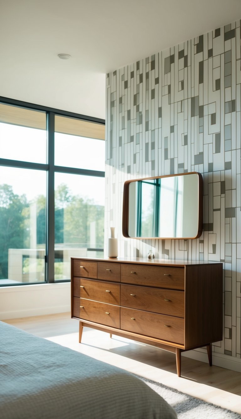 A mid-century modern dresser stands against a geometric wallpaper in a spacious, airy master bedroom. Sunlight streams in through large windows, casting a warm glow on the sleek, minimalist furniture