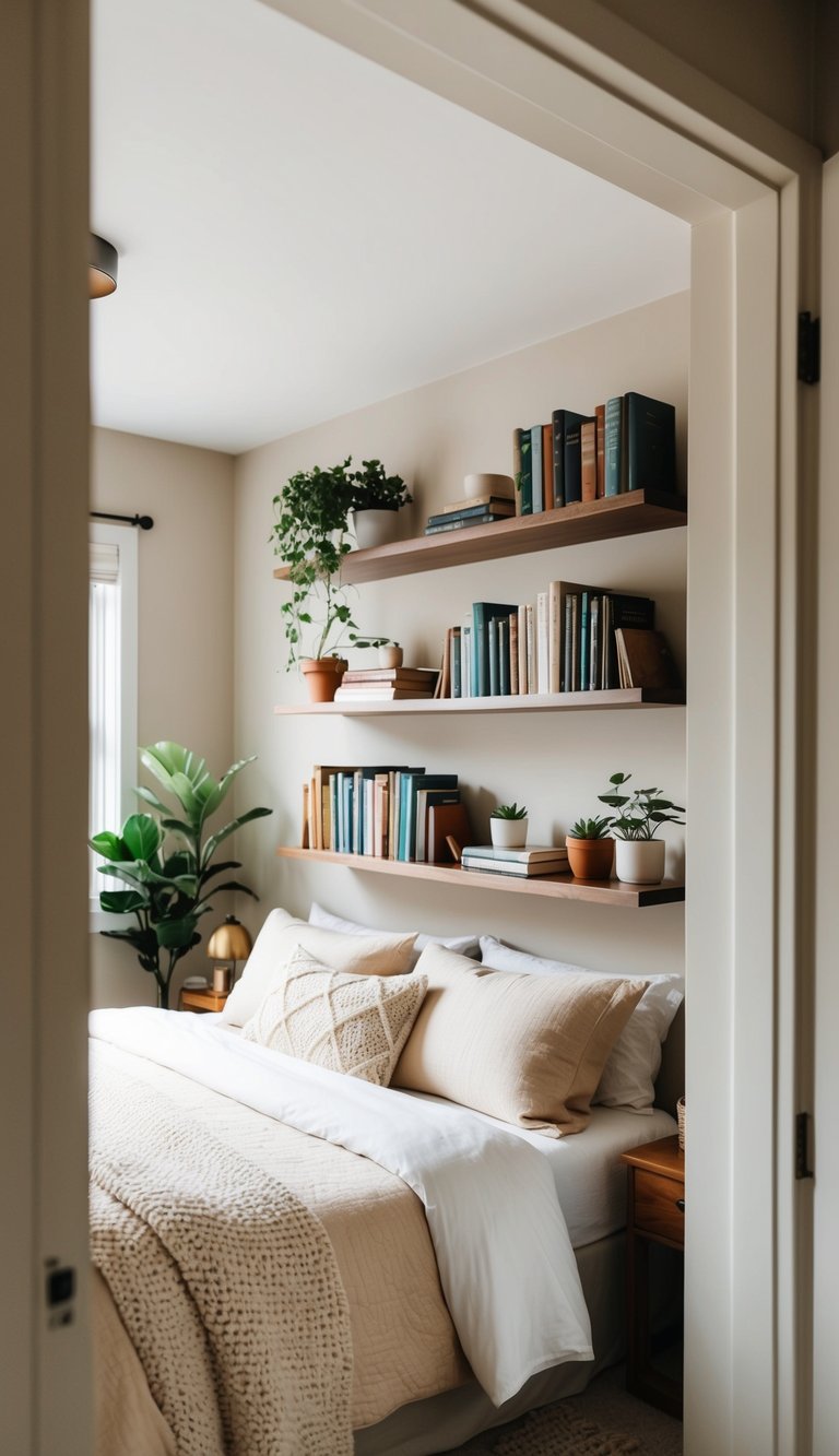 A cozy master bedroom with floating shelves filled with books and plants, creating a peaceful and inviting atmosphere