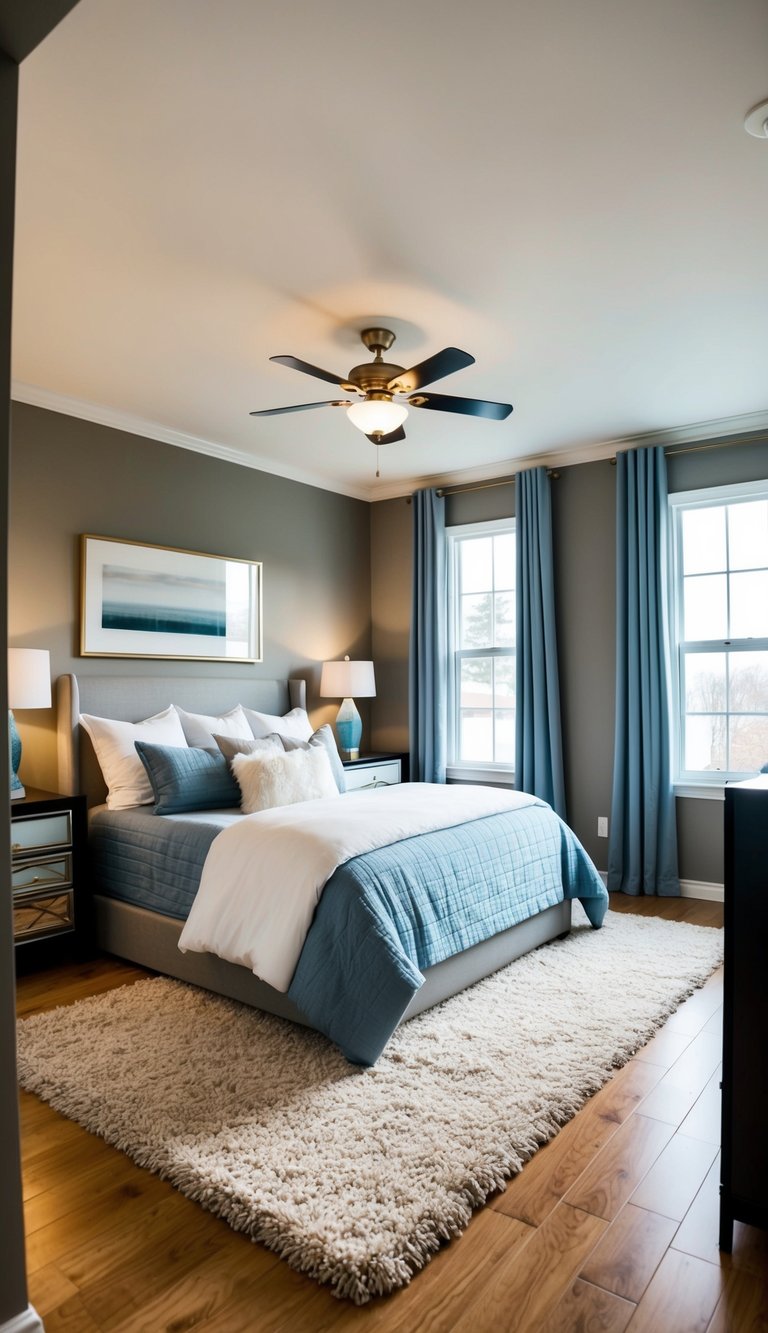 A cozy master bedroom with warm gray walls, accented with soft blue bedding and curtains. A large, plush area rug covers the hardwood floor, and a sleek, modern dresser sits against one wall