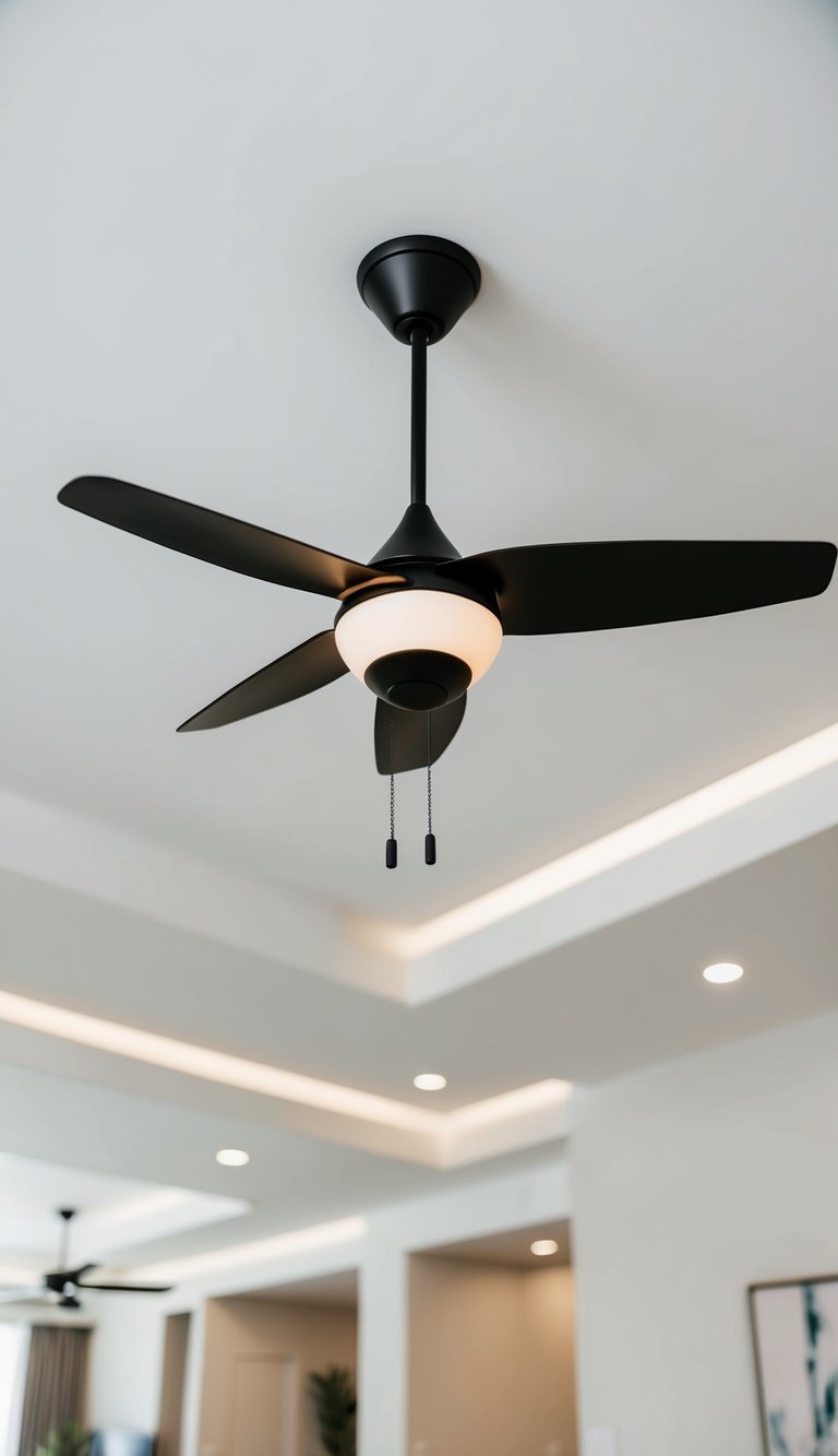 A modern ceiling fan hanging from a high ceiling in a spacious master bedroom with minimalistic decor and soft lighting