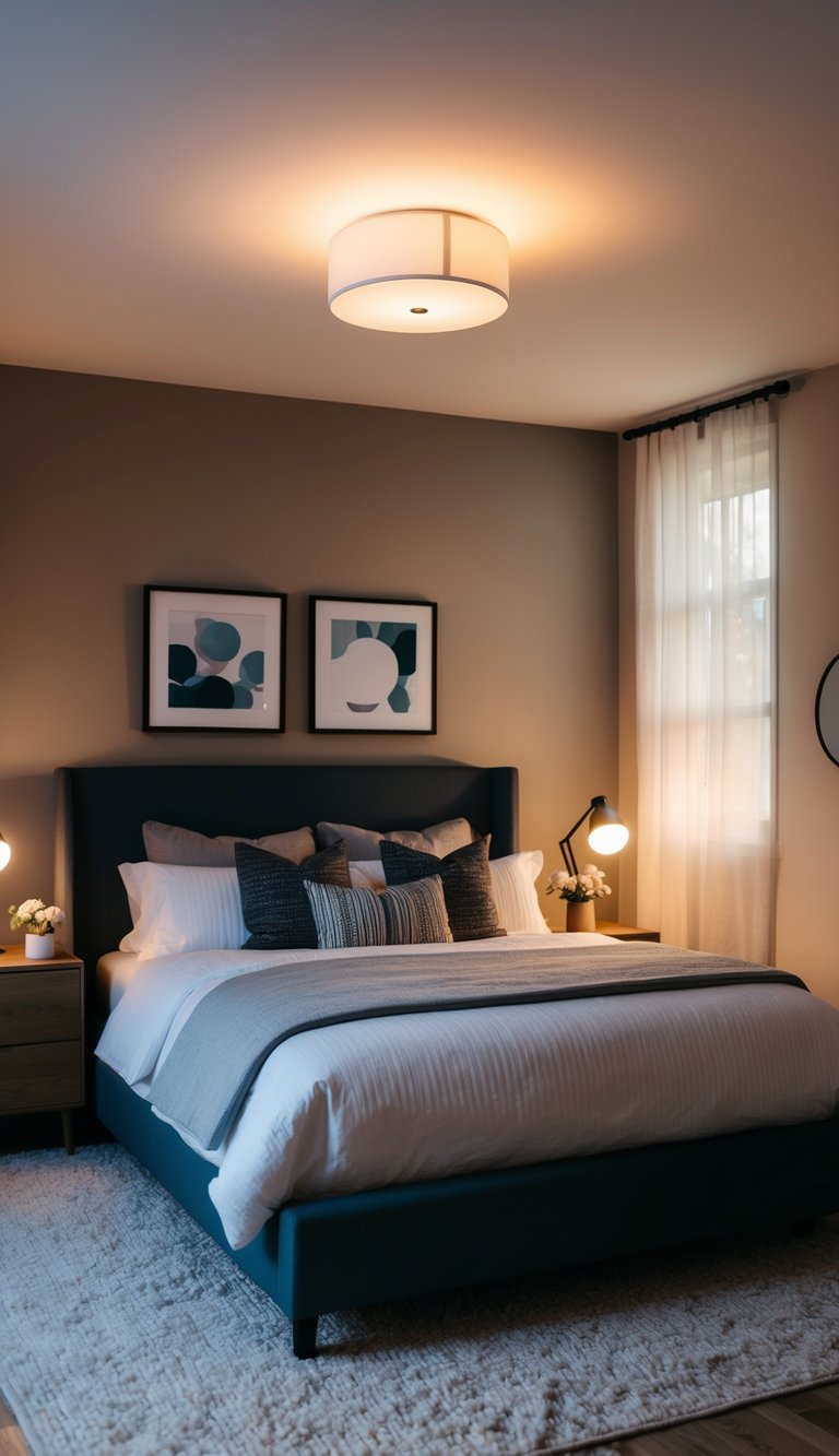 A cozy master bedroom with Philips Hue smart lighting, creating a warm and inviting atmosphere