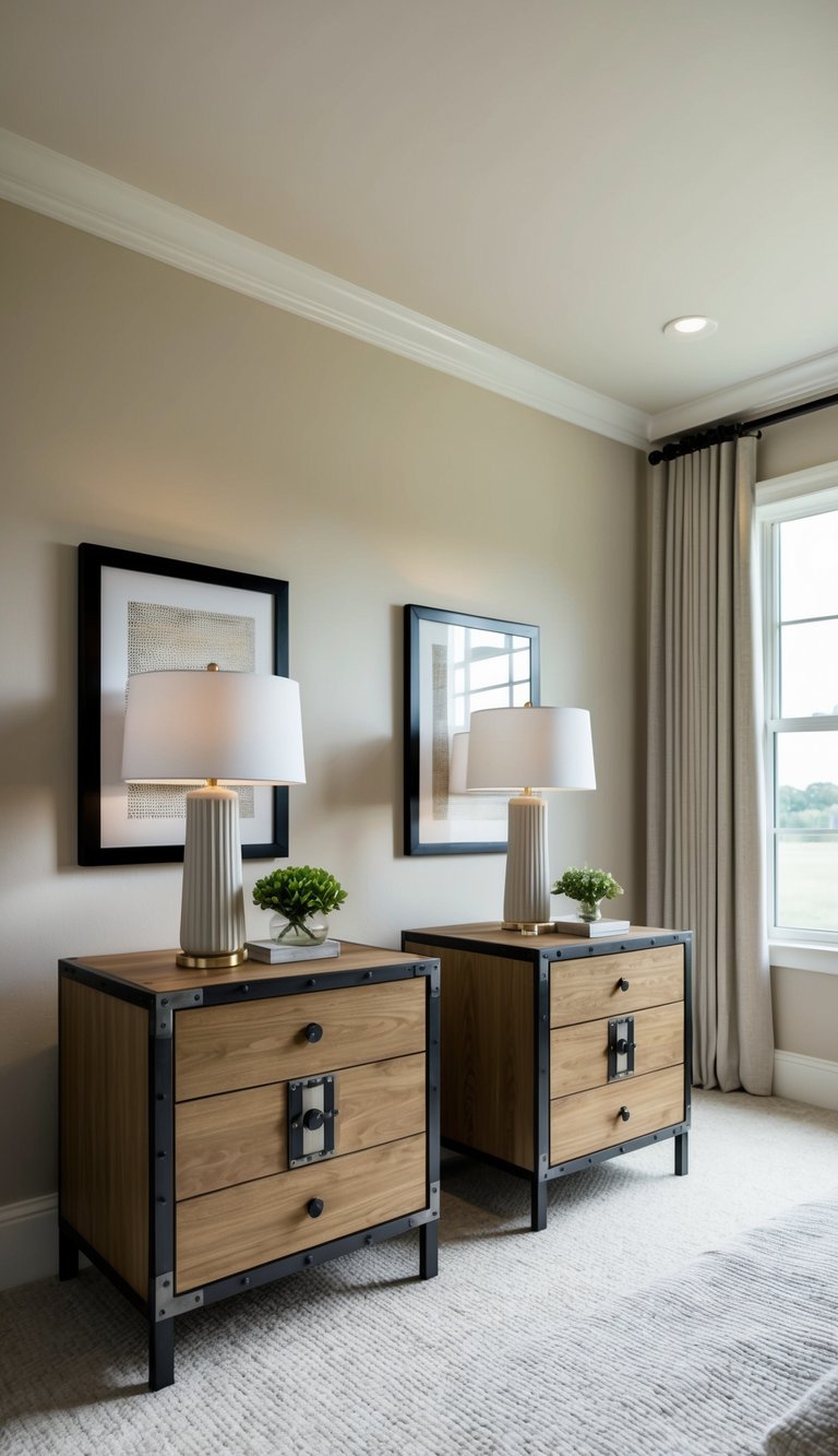 Two wooden bedside tables with metal accents in a spacious master bedroom with a neutral color scheme and soft lighting
