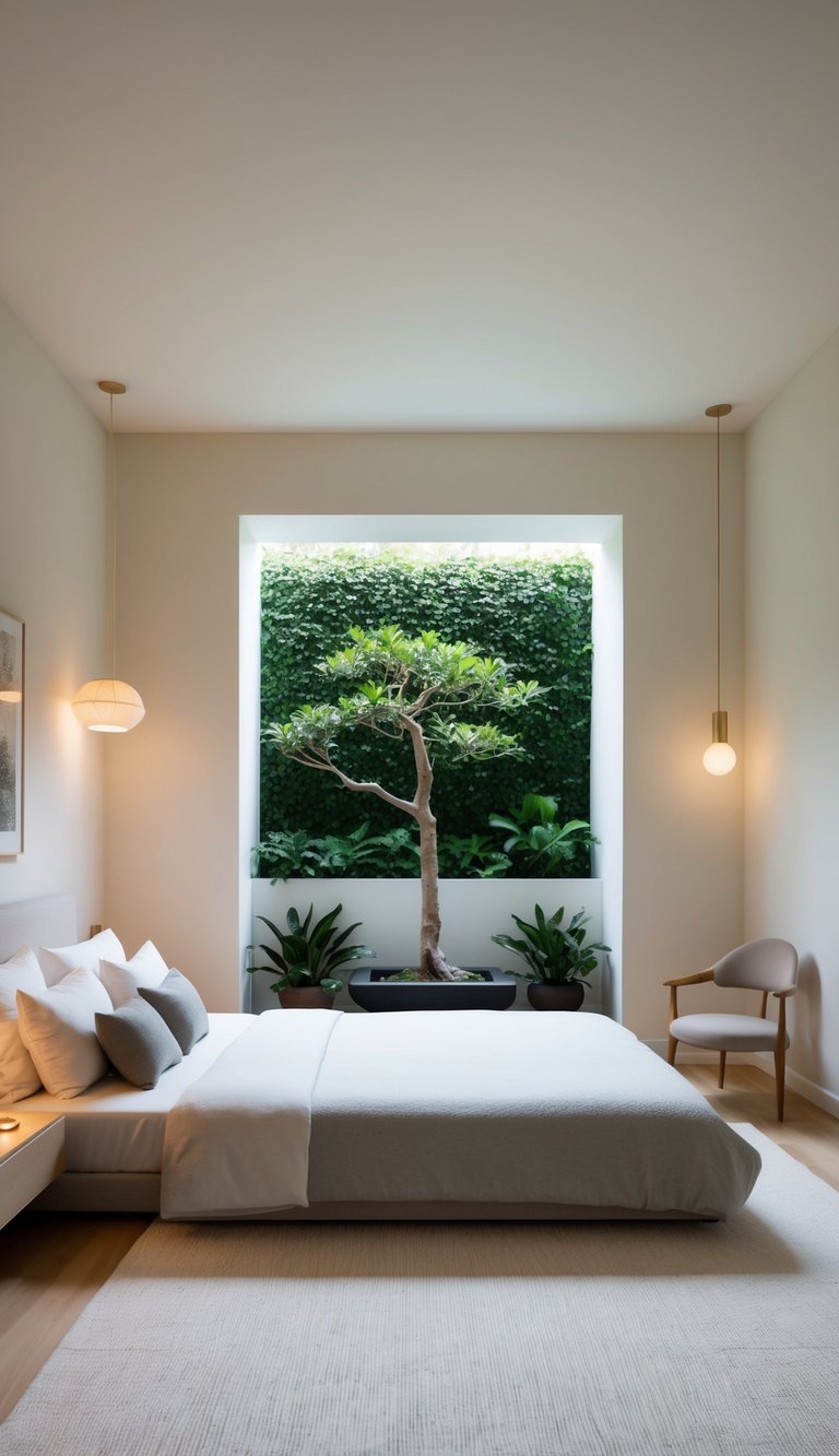 A serene master bedroom with a small indoor zen garden as a focal point, surrounded by minimalist decor and soft lighting
