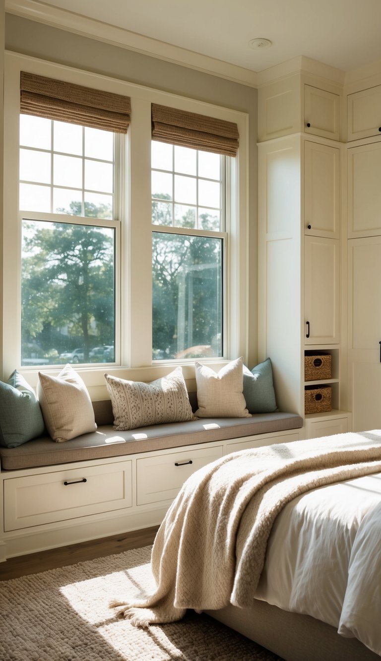 A cozy, sunlit master bedroom with built-in window seats and hidden storage, surrounded by plush pillows and soft blankets
