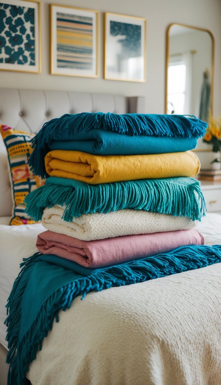 Colorful throw blankets with fringe adorn a cozy master bedroom, adding a pop of color and texture to the space
