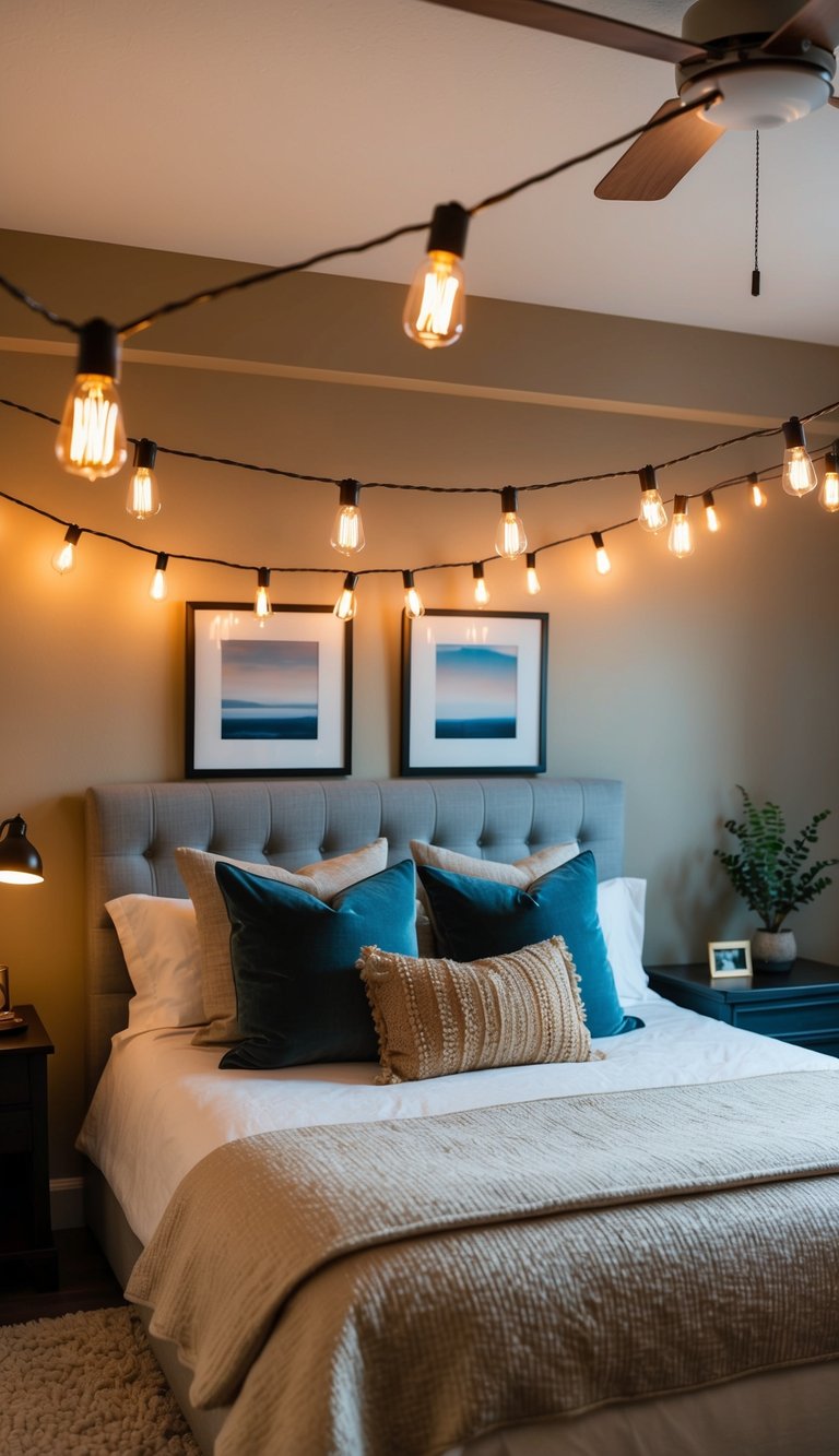 A cozy master bedroom with warm Edison bulb string lights creating a soft and inviting ambiance