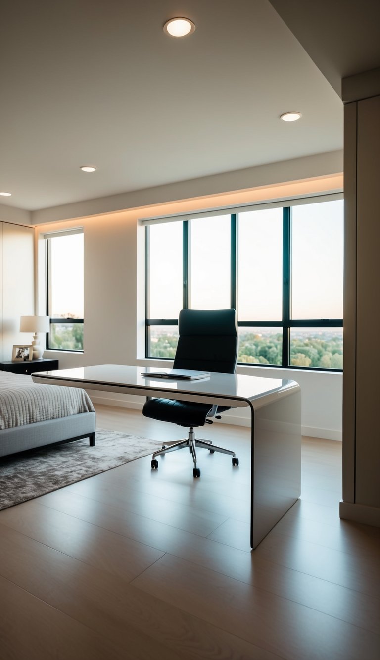 A sleek floating desk in a spacious master bedroom with minimalist decor and soft lighting