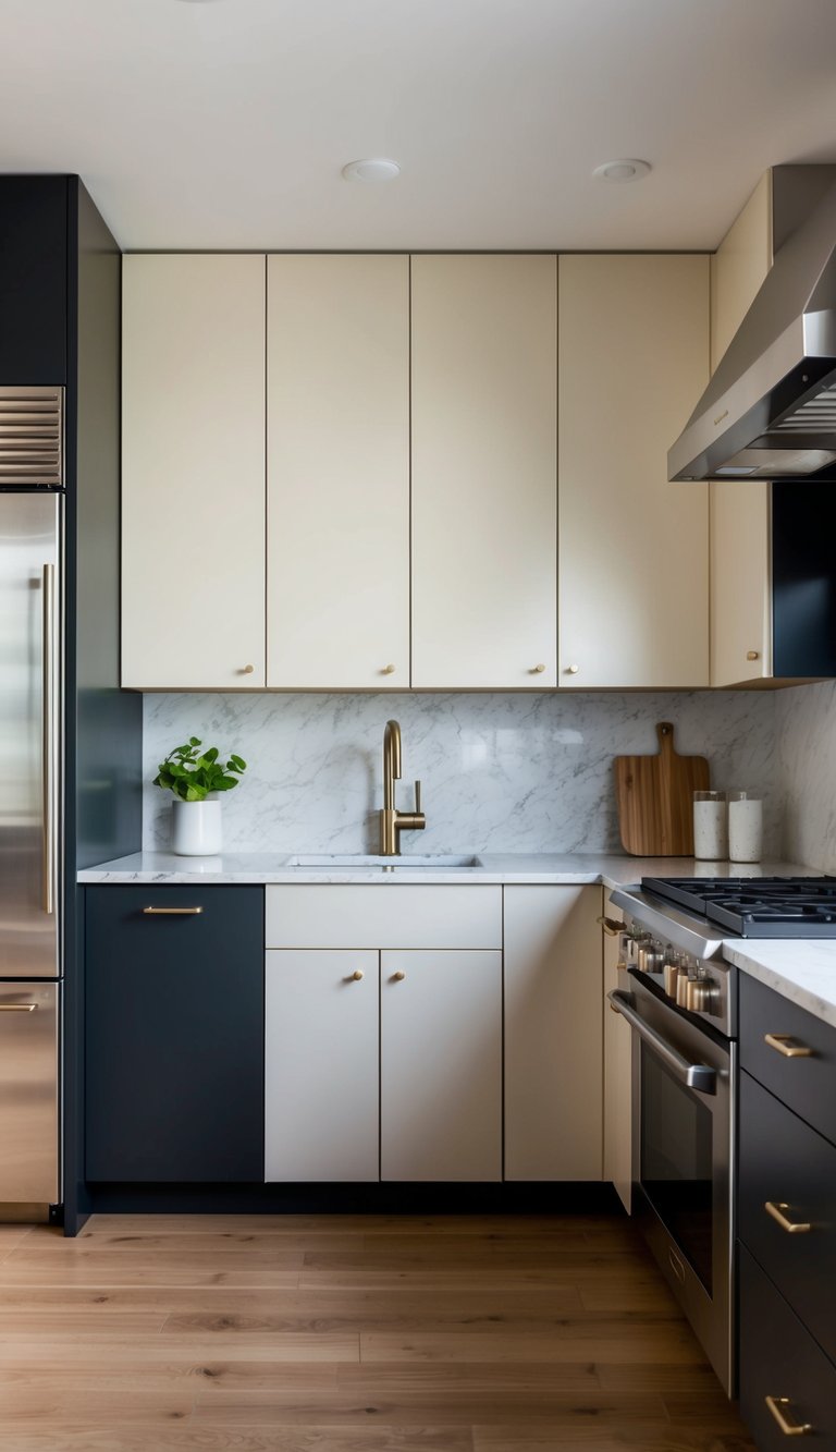 A modern kitchen with two-tone cabinets, one color on the upper cabinets and another on the lower cabinets. Stainless steel appliances and a marble countertop complete the sleek look