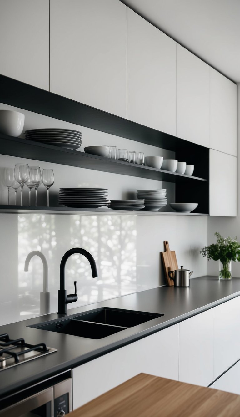A modern kitchen with sleek open shelving, showcasing stylish dinnerware and glassware, with minimalistic cabinet design