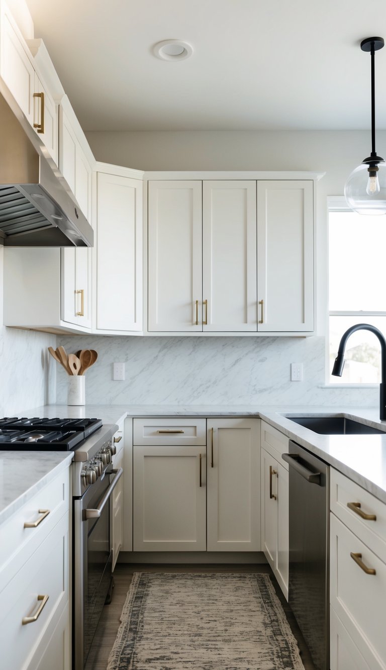 A kitchen with shaker style cabinets in a modern, minimalist design. Stainless steel appliances and marble countertops complete the sleek look