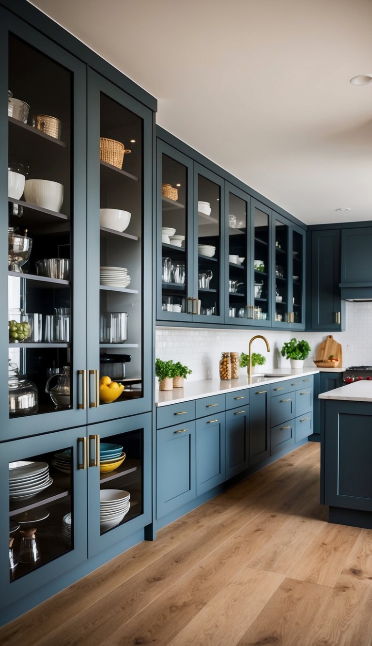 A modern kitchen with 22 glass-front cabinet doors showcasing various kitchenware and decor