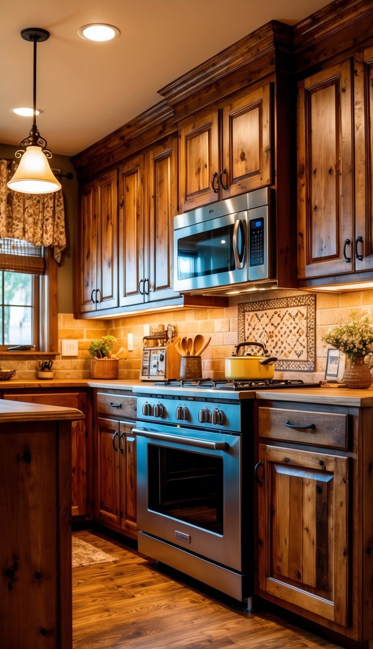 A cozy kitchen with 22 rustic wood finish cabinets, warm lighting, and decorative accents
