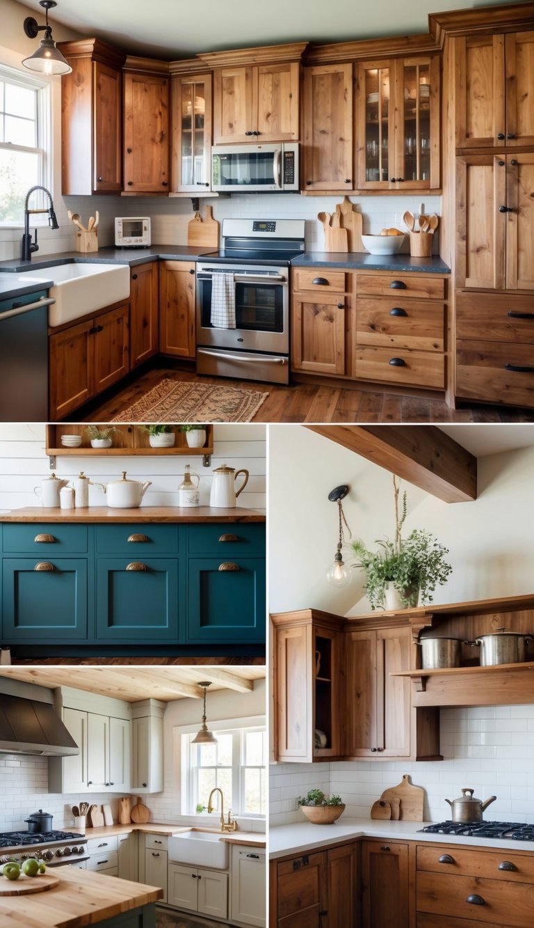 A cozy farmhouse kitchen with 22 unique cabinet ideas, featuring rustic wood finishes and vintage hardware